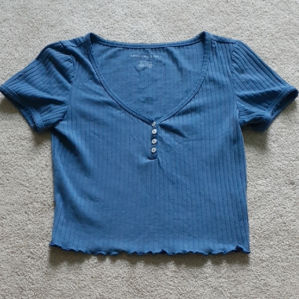 American Eagle Outfitters Blue Ribbed Crop Button Down Shirt